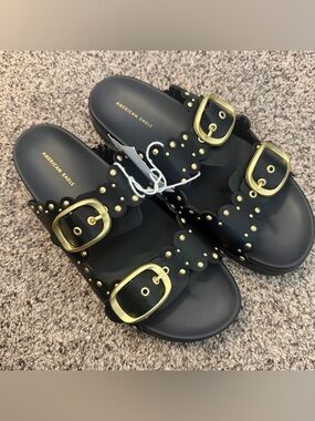 New American Eagle Black Studded Double-Buckle Slide Sandals